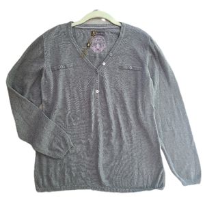 FIOR DA LISO Gray Equestrian V-neck Button Henley Long Sleeve COTTON Sweater XL